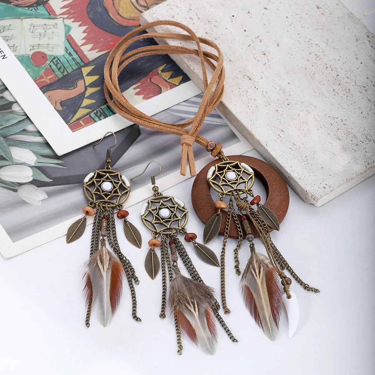 Boho Gold Color Dream Catcher Feather Earring Set for Women Metal Leaf Chain Long Tassel Earrings Vintage Wooden Pendant Jewelry
