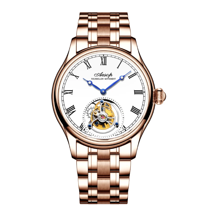 Aesop jam tangan kerangka Tourbillon pria, arloji mekanis mewah Manual berlikuk safir tahan air klasik skala Romawi 7021