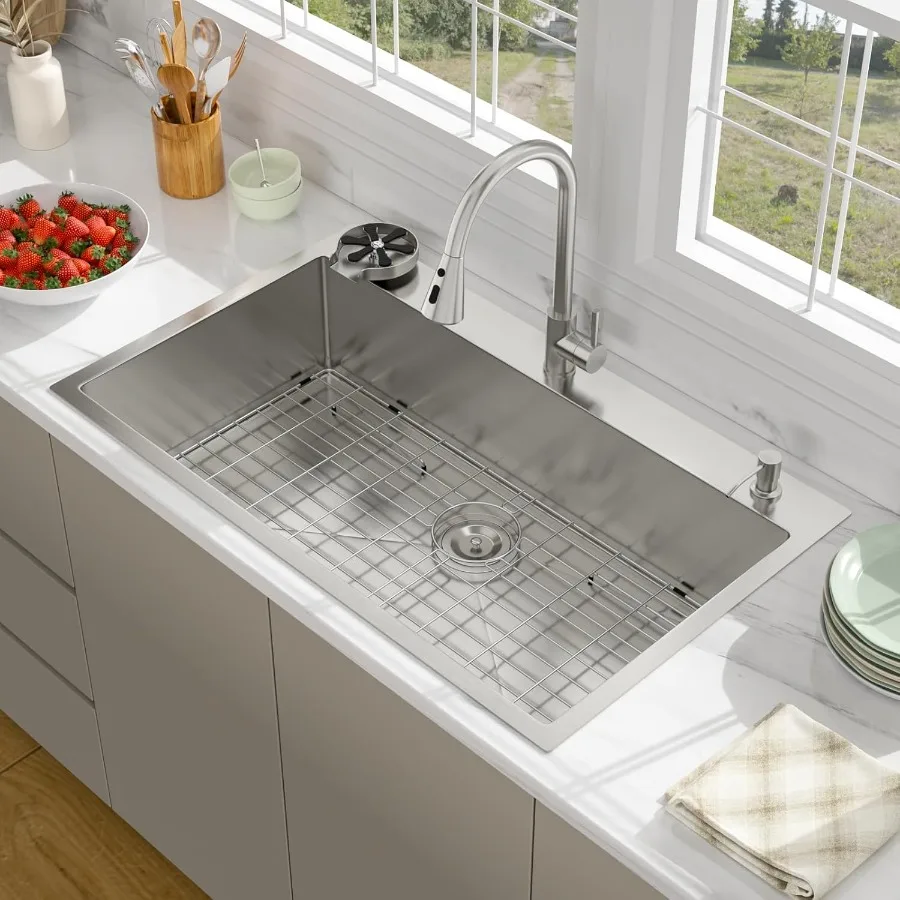 36 قطرة في حوض المطبخ مع صنبور قابل للسحب وموزع صابون للمطابخ الحديثة - وعاء فردي من الفولاذ المقاوم للصدأ فوق العداد #3