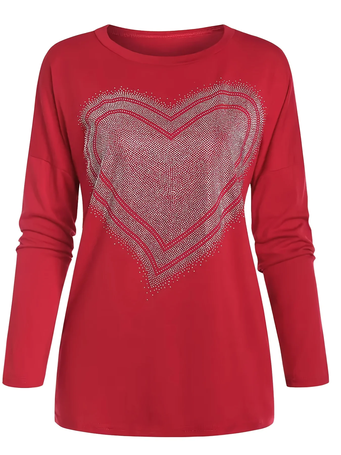 Plus Size 1XL-5XL Women's Casual Top, Spring and Autumn Heart-shaped Printed Long Sleeved Round Neck Top