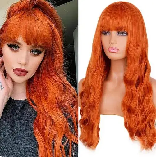 Peluca naranja claro con flequillo para mujer, pelo sintético ondulado largo, 24 pulgadas, para fiesta de Cosplay de Halloween