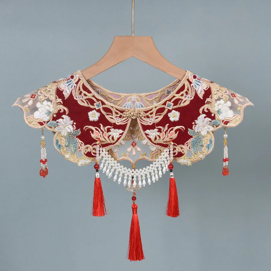 Beaded Red Cloud Collar, Chinese Vintage Embroidered False Collar with Pearl Tassel, Detachable Shoulder Cape, Wedding Accessory view 4
