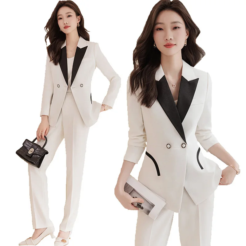 Office Ladies Business Work Wear Pant Suit Women Long Sleeve Contrast Color Blazer And Trouser Black White Formal 2 Piece Set