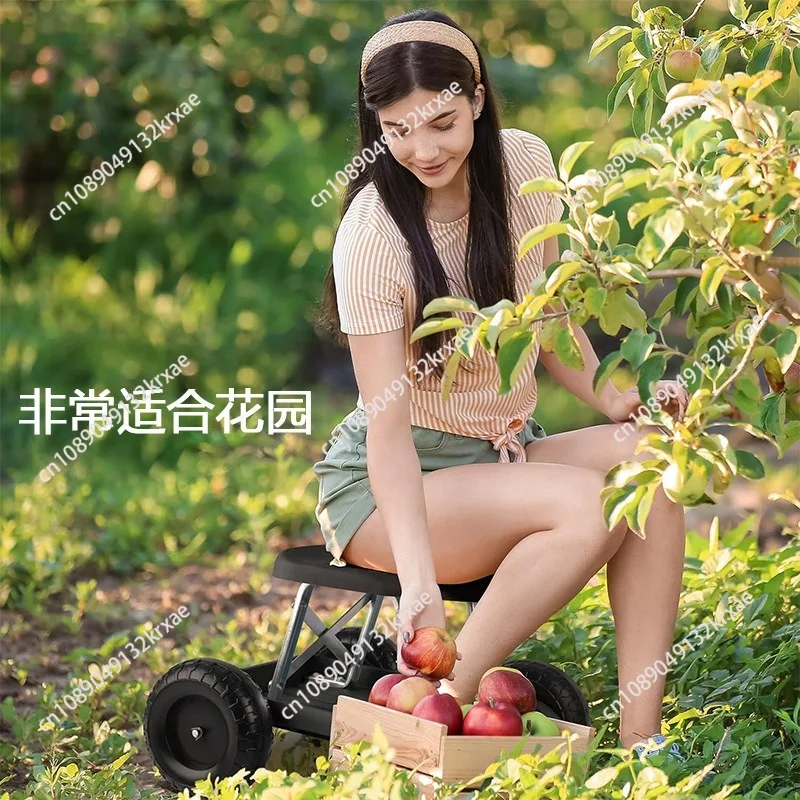 

Садовая скамья-трансформер 2-в-1 на колесиках с поддоном для инструментов, передвижная садовая тележка-стул