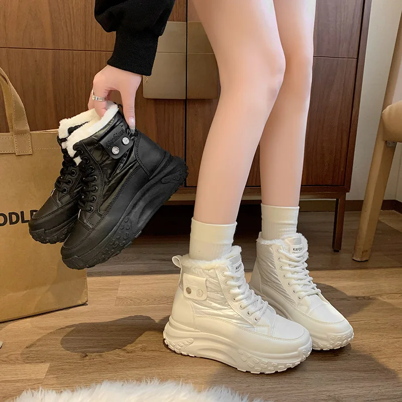 

2025 Winter Women's High Top Snow Boots Plush Lined Platform Sole Korean Style Warm Ankle Booties Casual Shoes