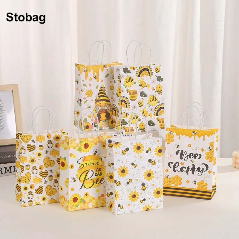 

StoBag 24pcs Wholesale Cartton Bee Kraft paper Gift Tote Bags Kids Children Packaging for Candy Pouch Birthday Party Favors