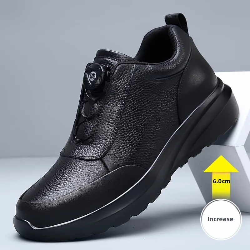 Men's Sporty Casual Shoes with Automatic Buckles Comfortable Commuter Shoes Layered Cowhide Heightening Inner Design