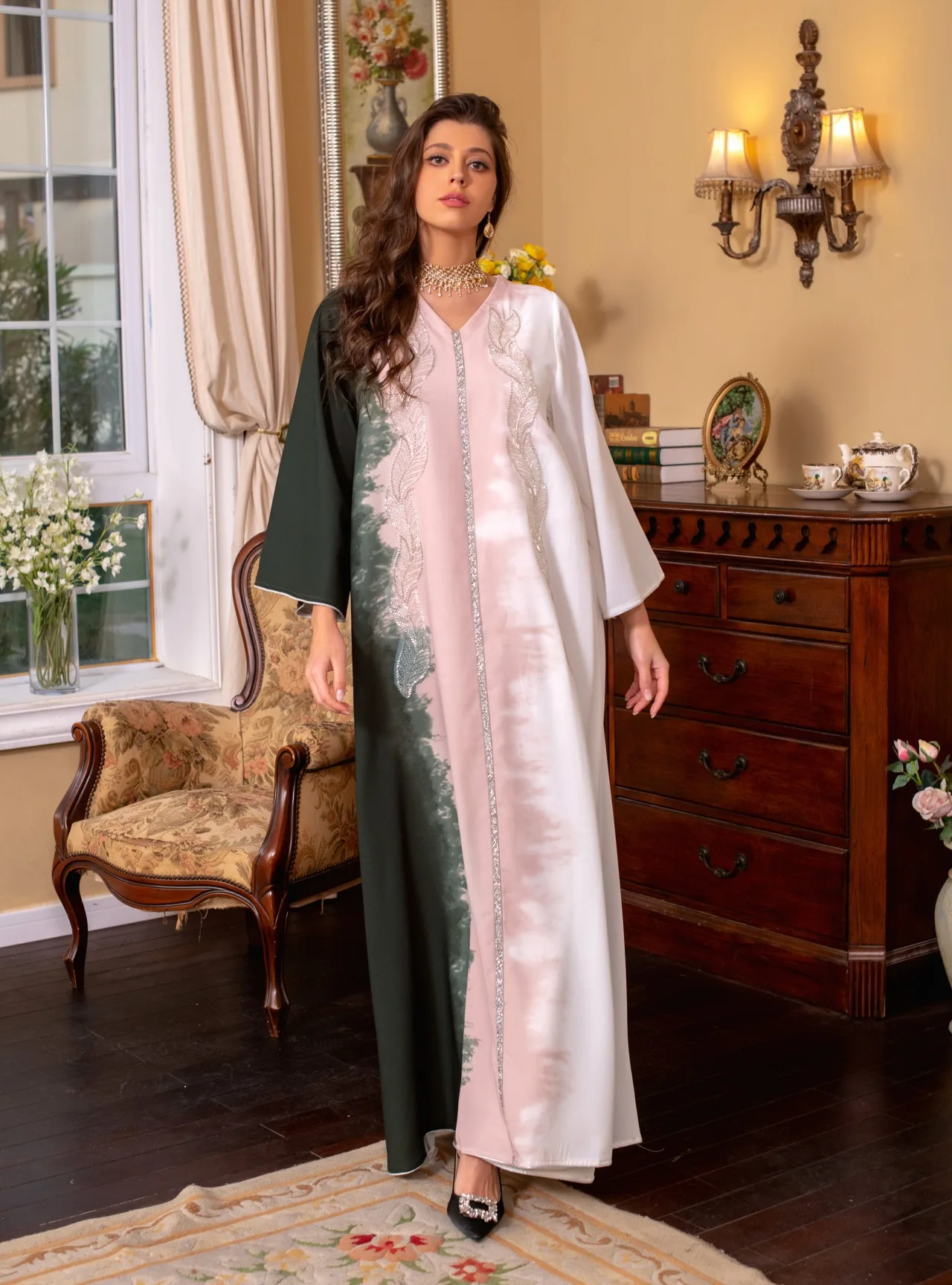2025 Naher Osten Kleidung Perlenstickerei Muslimisches Kleid Dubai Saudi Tie Dye Hot Diamond Robe Elegante Abendkleider