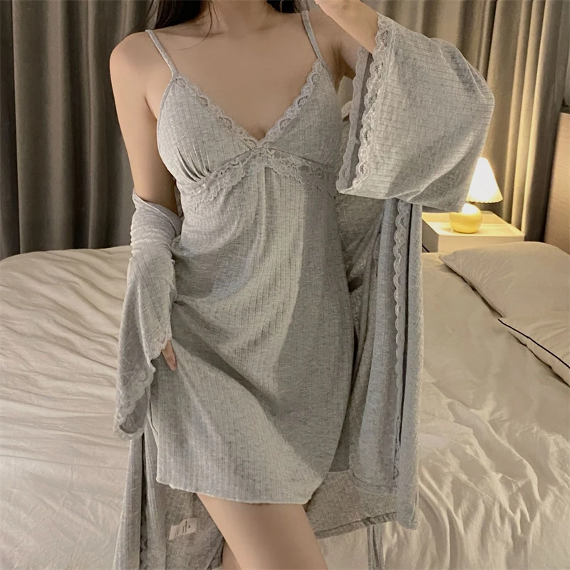 Summer Thin Modal Pajamas Two piece set of Sling Dress and Robe Brief Solid Color Nightgown Sexy V-neck Home Clothing for Women