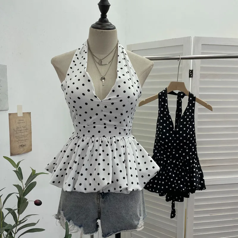 Woman Clothing Innocently Alluring Open Back Top Halter Tied Strap Polka Dot Sleeveless Babydoll Cropped Y2k Outfits 9230