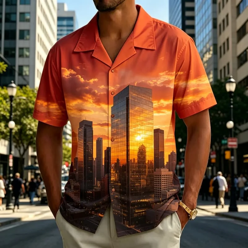 Men's Urban Landscape Print Shirt， for Evening Strolls, Brunch Dates, Urban Events and Relaxed Daily Casual Wear