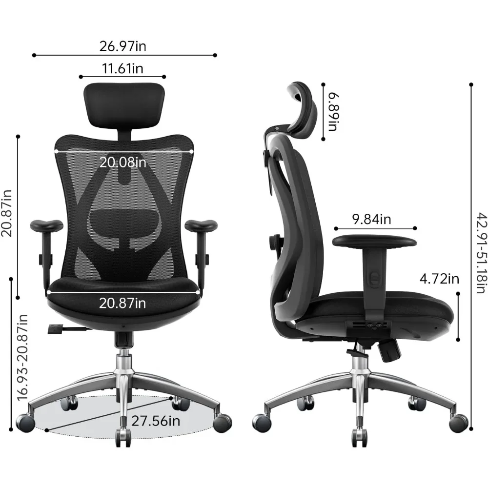 Cadeira de escritório ergonômica para pessoas grandes e altas, encosto de cabeça ajustável com apoio lombar e rodas, função de inclinação giratória