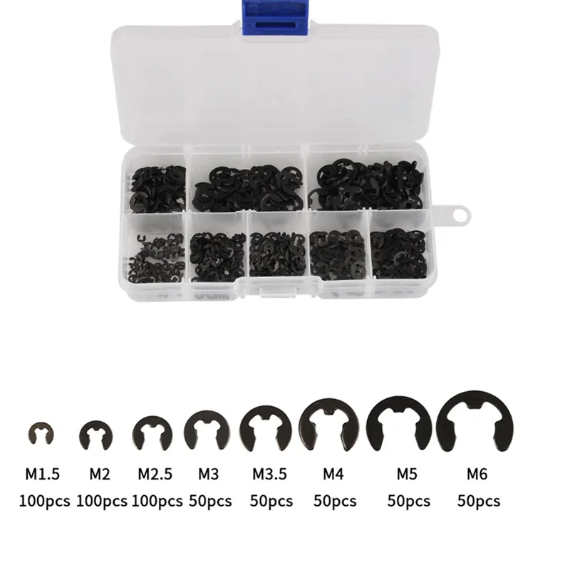 550pcs/box E Clip Snap Circlip Washer Black Steel Shaft External Retaining Ring Washer for Shaft M1.5 M2 M2.5 M3 M3.5 M4 M5 M6