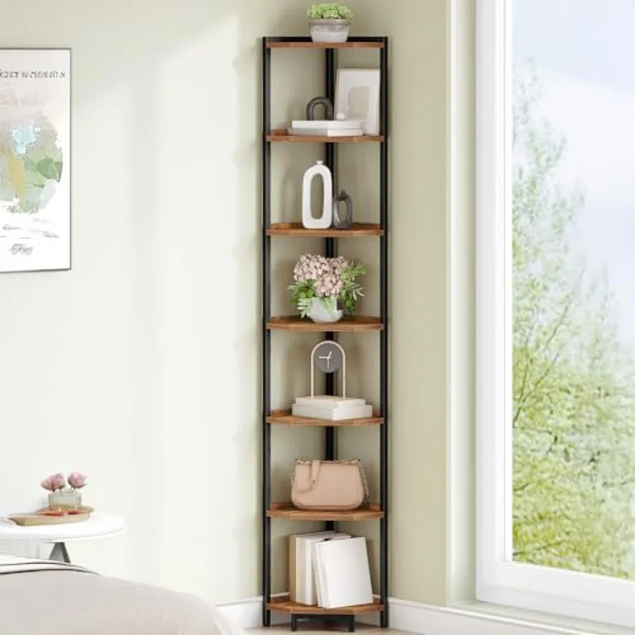 

Corner Shelf Stand for living room home office bedroom; metal frame with rustic brown finish; 7-tier storage bookshelf and plan