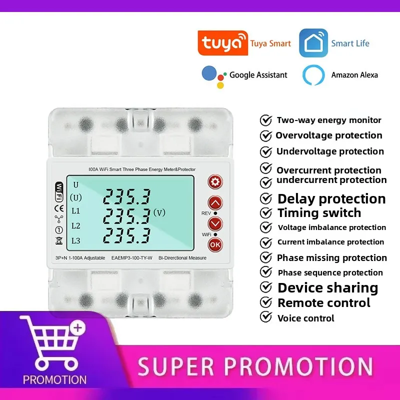 3 Phase 380V 100A Tuya WiFi Smart Bi-Directional Energy Power kWh Meter Over Under Voltage Protector Relay Switch Current Limit