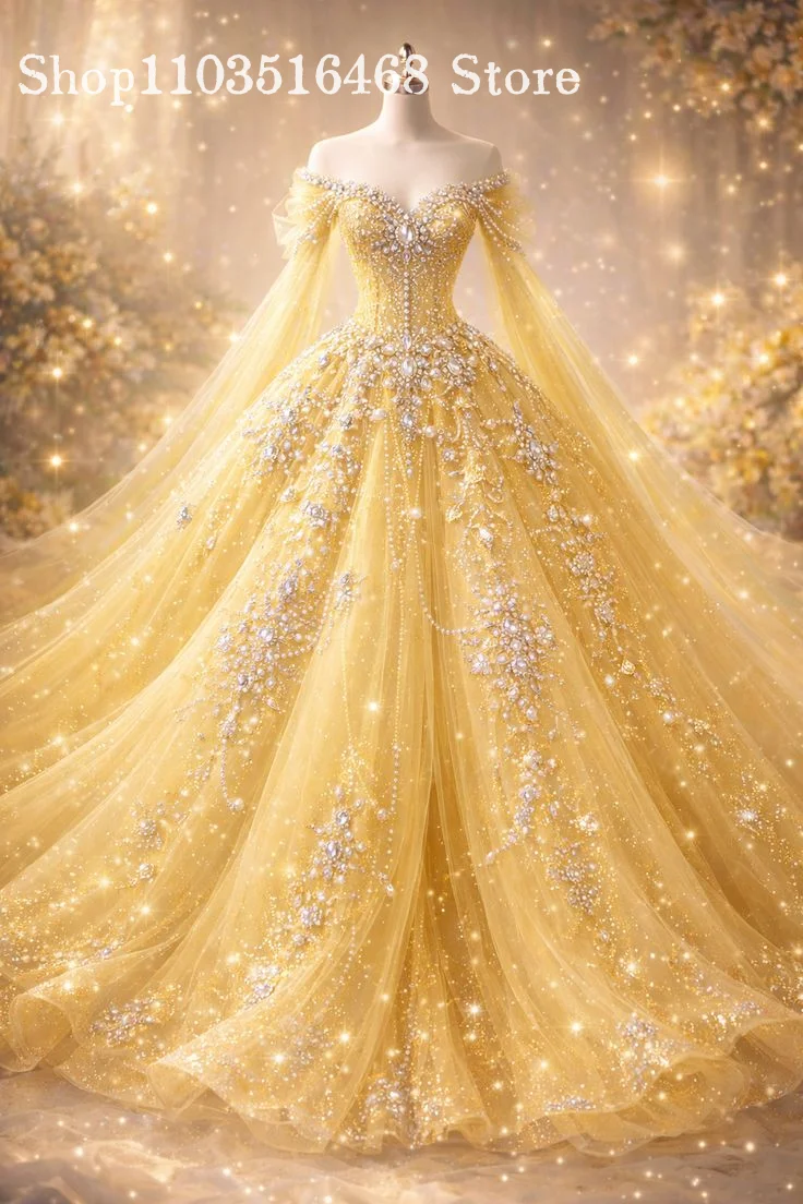 Glamorous Off-Shoulder Gold Princess Ball Gown Customized Sparkling Beaded Dreamy Wedding Gown Halloween Costume Sweet Wedding