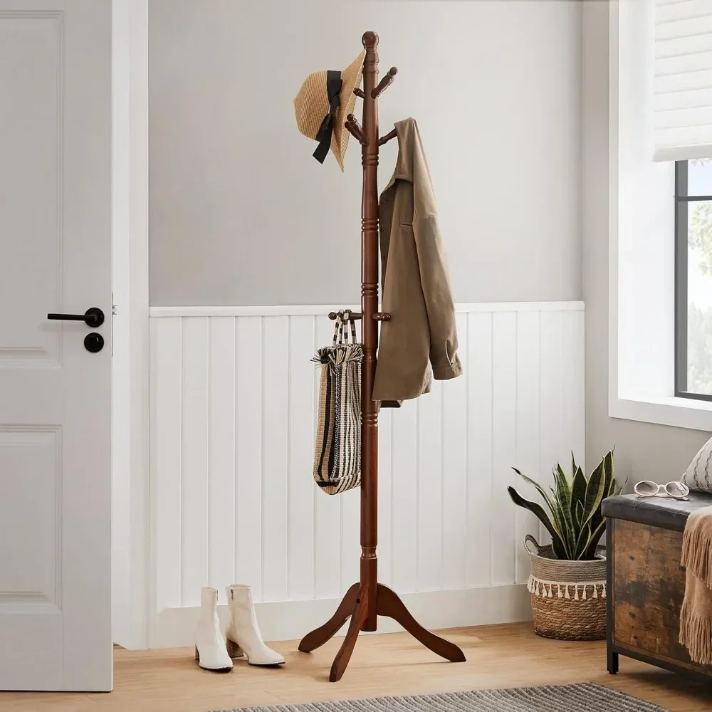 Coat rack, free-standing hall coat tree with 10 hooks for hats, bags, purses, suitable for entrances, corridors, rubberwood