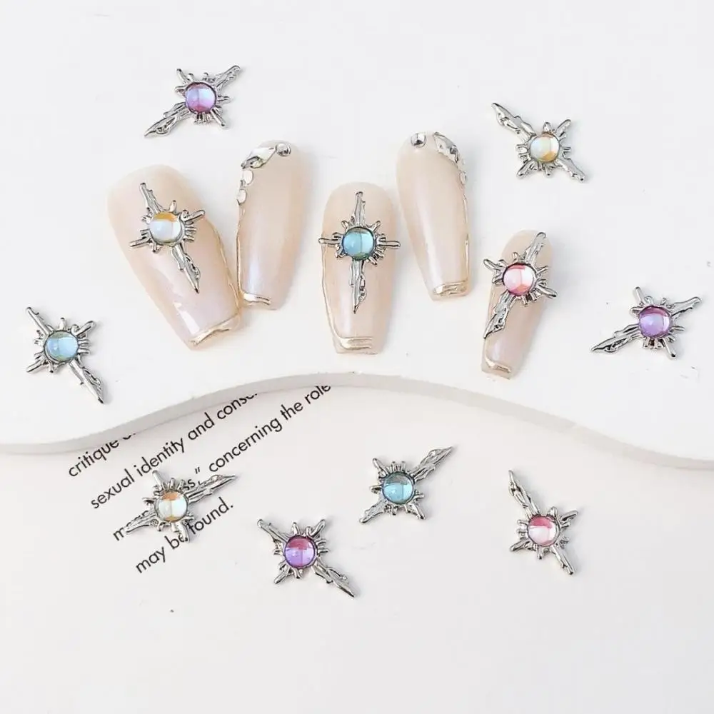 10Pcs Gradient Colorful Round Diamond Inlaid Nail Crystal Charms 3D Minimalist Four-pointed Star Alloy Nail Decorations for DIY