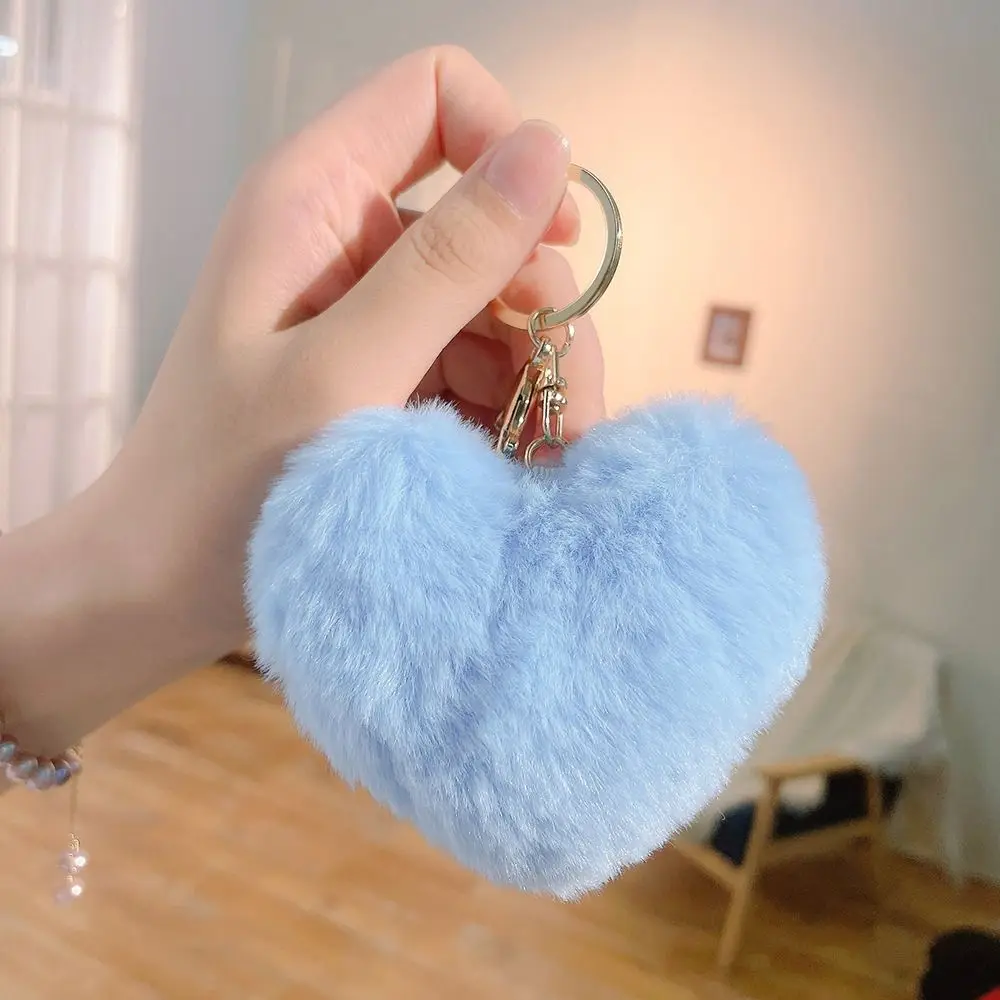 Cute Love Heart Plush Bag Pendant Fluffy Ball Solid Color Key Chain Bag Accessories Imitation Rabbit Fur Car Key Ring