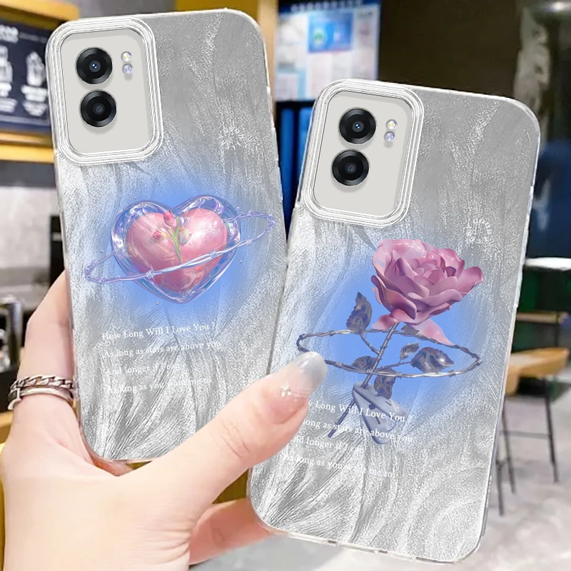 Rose Love Metal Art For OPPO A79 A78 A58 A38 A16 A60 A53 A92 A72 A52 A74 A55 A54 A94 5G Feather Yarn Funda Phone Case