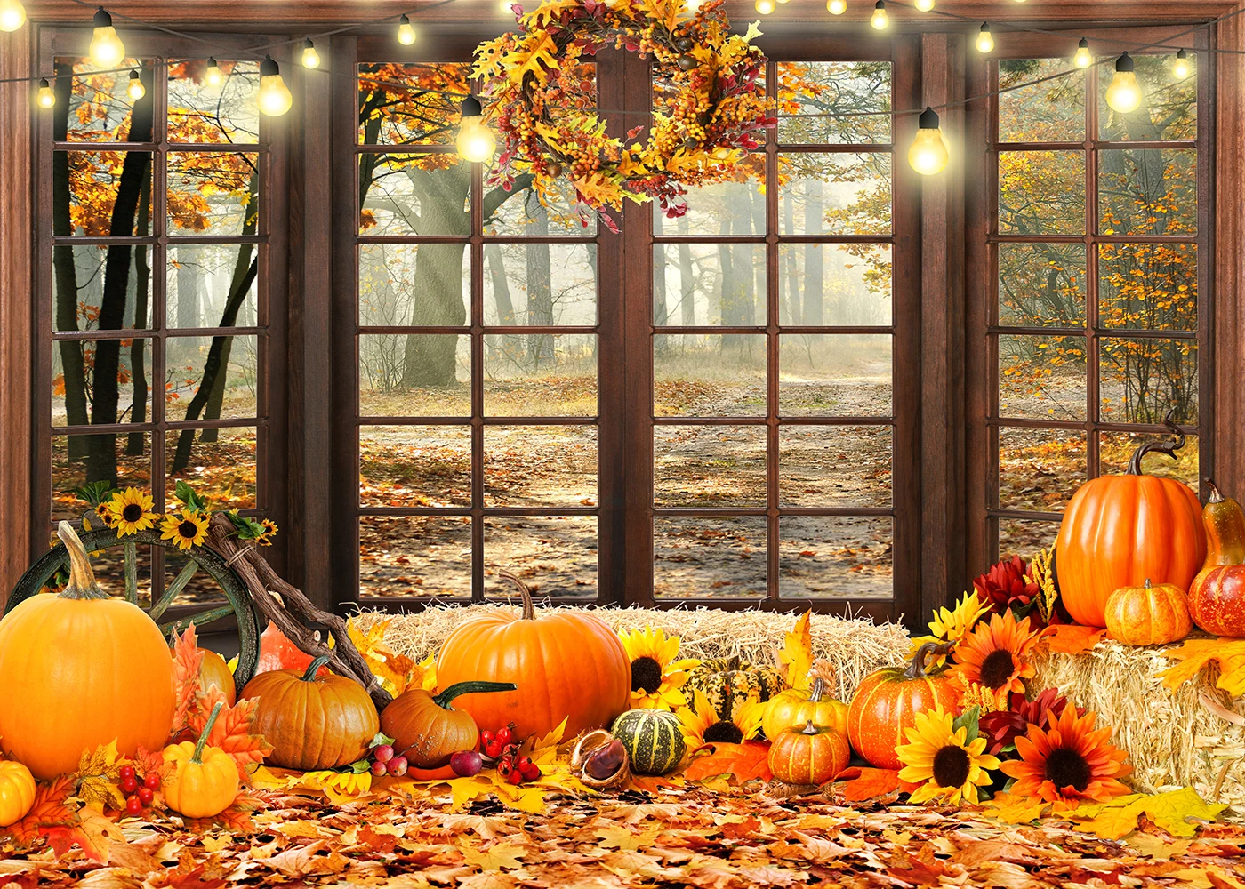 Fall Thanksgiving Harvest Backdrop for Photography Autumn Pumpkin in Front of Window Background Party Decor Photo Studio Props