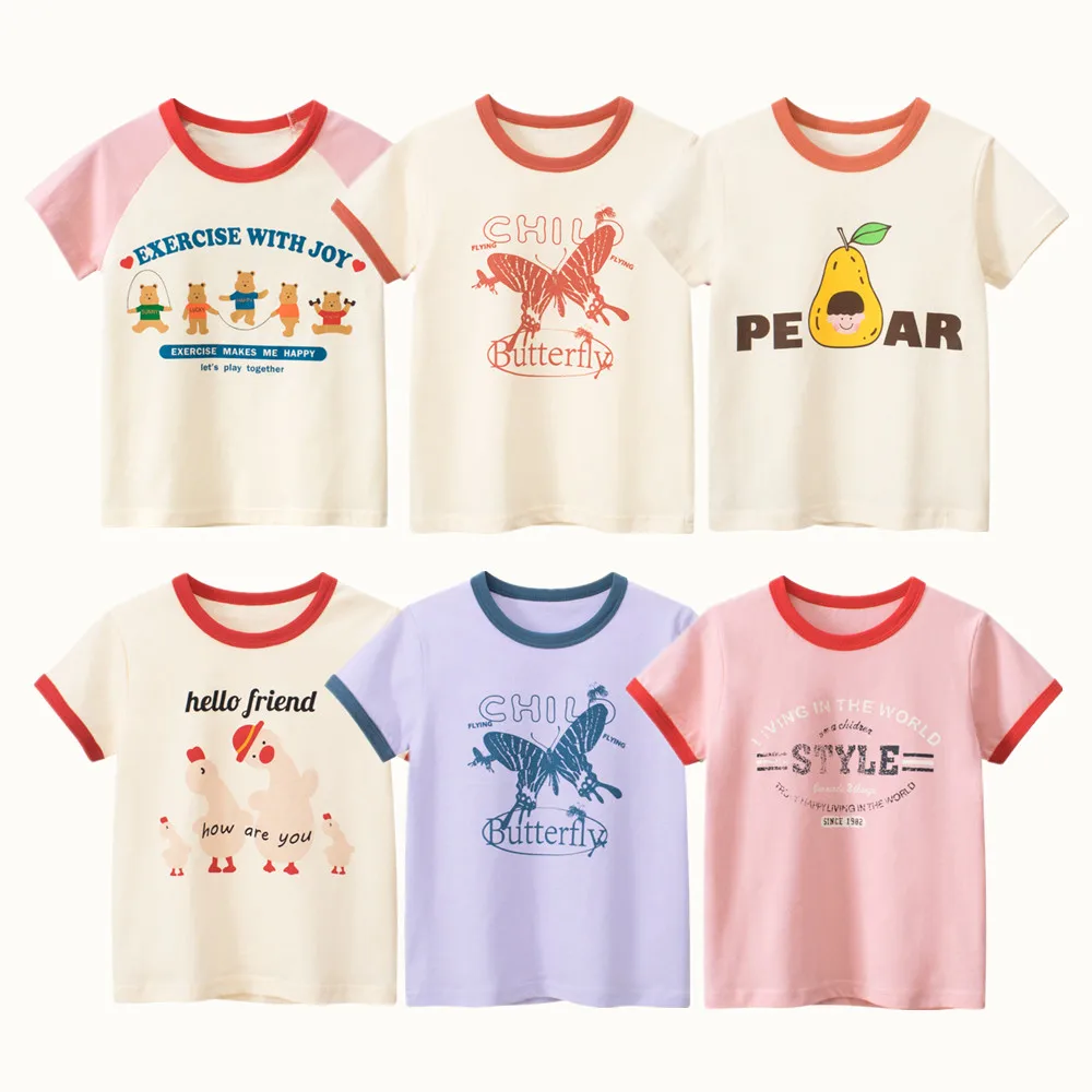 2023 Children Girls T-Shirts Clothing 100% Cotton Short Sleeve Butterfly Bear Rabbit Cartoon Kids Boys Casual Sport Top Tees