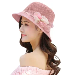 Pearl Flower Women Lace Sun Bucket Cap for Ladies Summer Beach Seaside Foldable Hollow Breathable Sunscreen Straw Hat Protection