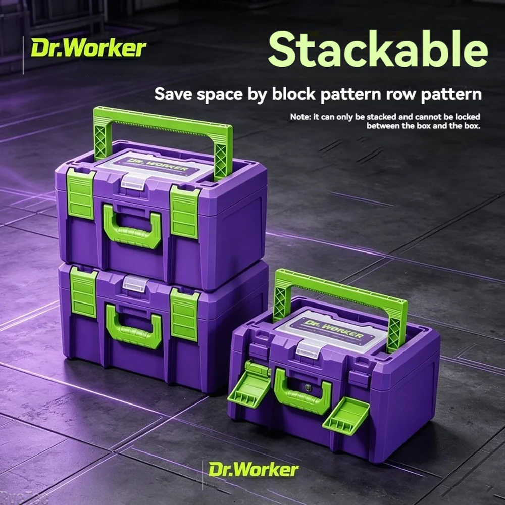 Cool Purple-Green Mecha Style Hard Tool Box with Divided Compartments for Garage Cabinet Instrument Storage