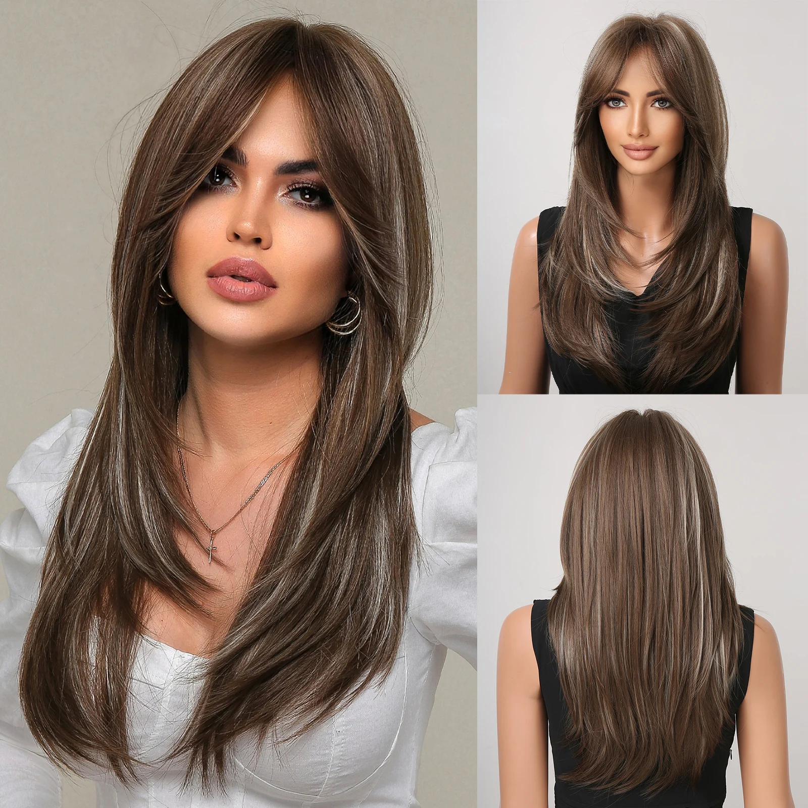 Brown Grey Wigs for Women Highlight  Layered Long Brown Blonde Straight Natural Hair Synthetic Wig with Bangs Heat Resistant