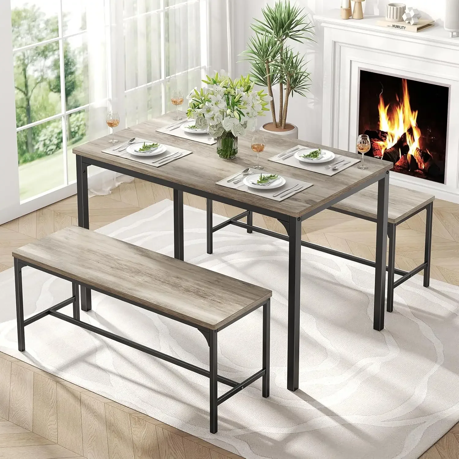 

Space Saving 4 Person Grey Dining Set Kitchen Table Bench For Dining Room Kitchen Apartment Corner Easy Assemble