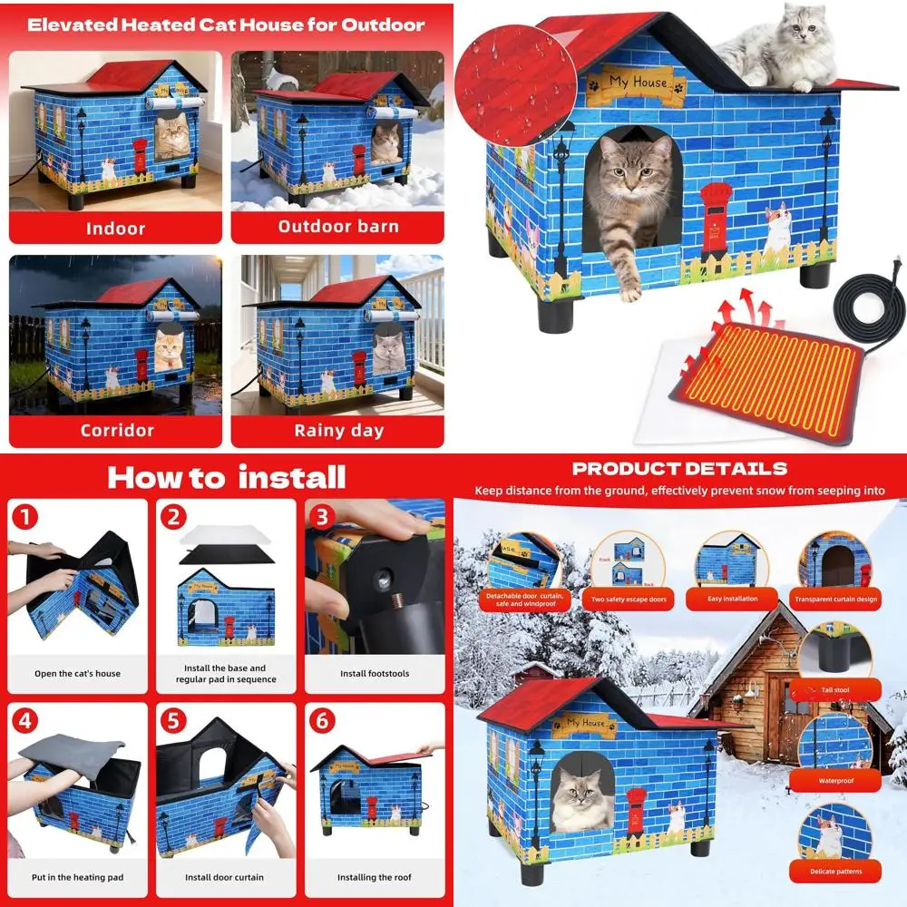 

Weather-Resistant Outdoor Cat Shelter with Heating, Easy Assembly, Elevated Base & Emergency Exit for Stray Cats in Cold Weather