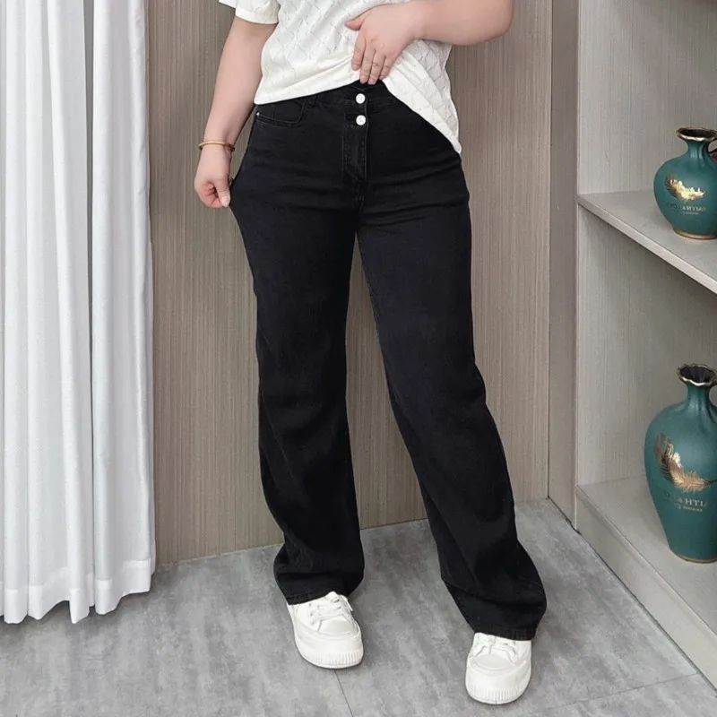 

Pear-shaped Body Spring Summer Lyocell Jeans Women Plus Size 2024 New Black High Waist Elastic Loose Casual Wide Leg Long Pants