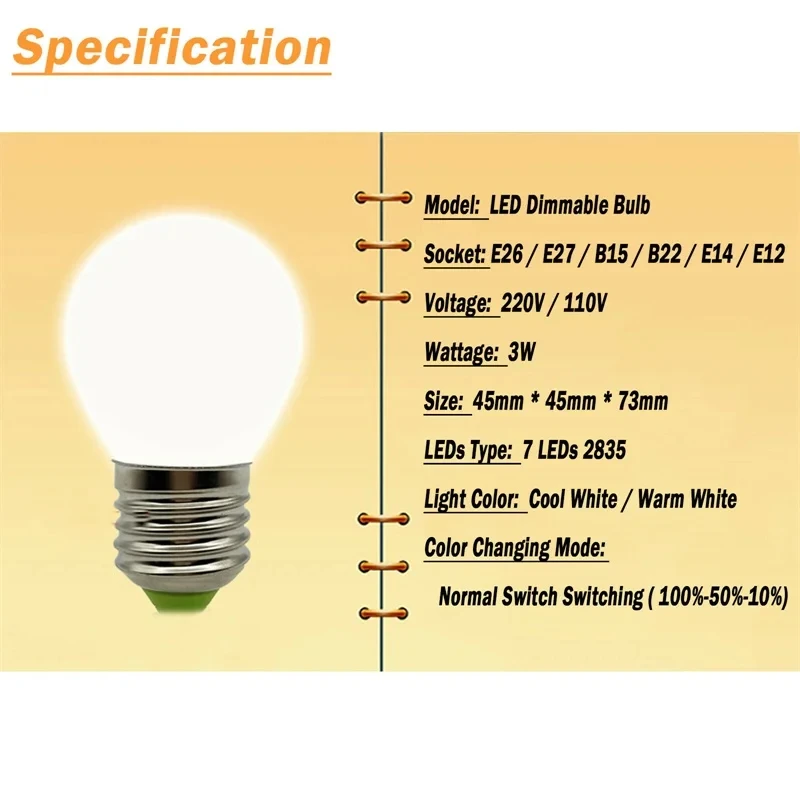 Dimmable LED Globe Bulb E26 E27 B22 E14 E12 3W 110V 220V Mini Light Bulb Warm/Cool White 3000-6000K 360° Lighting for Home Decor