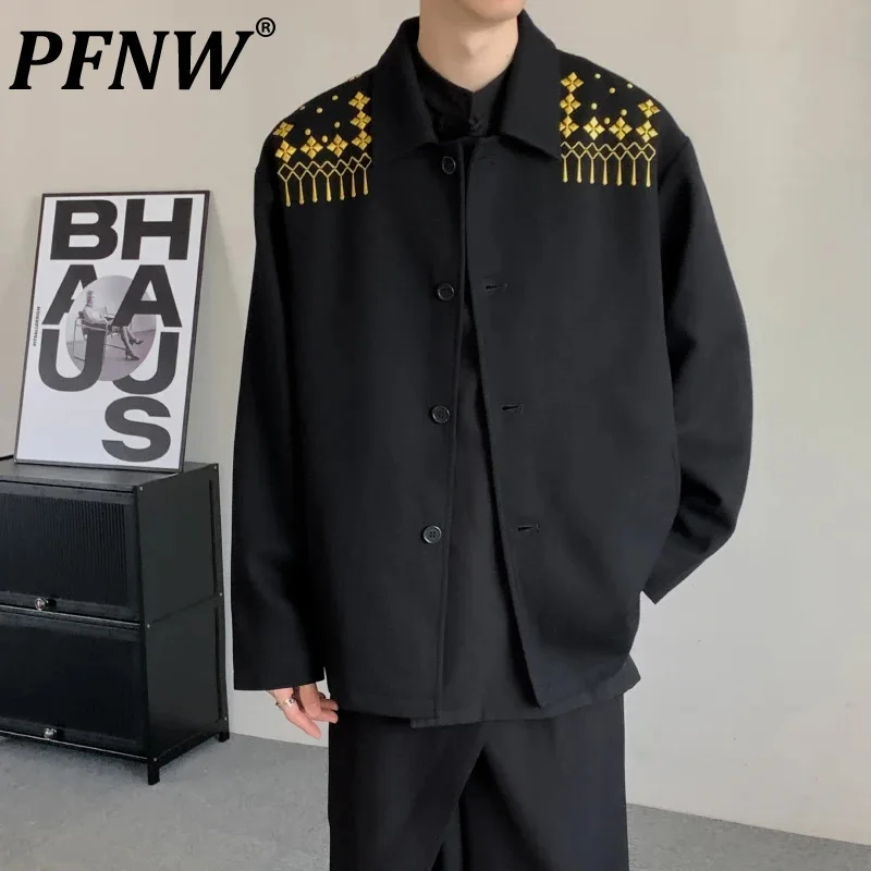 

PFNW Men's Jackets Tide Embroidered Loose Wool Contrast Color Male Coats Turn-down Collar Autumn New Coat Fashion Dark 12P1104