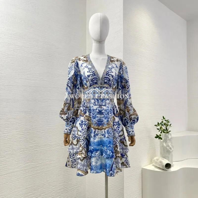 

Blue Floral Print Long Sleeve V Neck Pleat Mini Dress 2025 High quality Silk