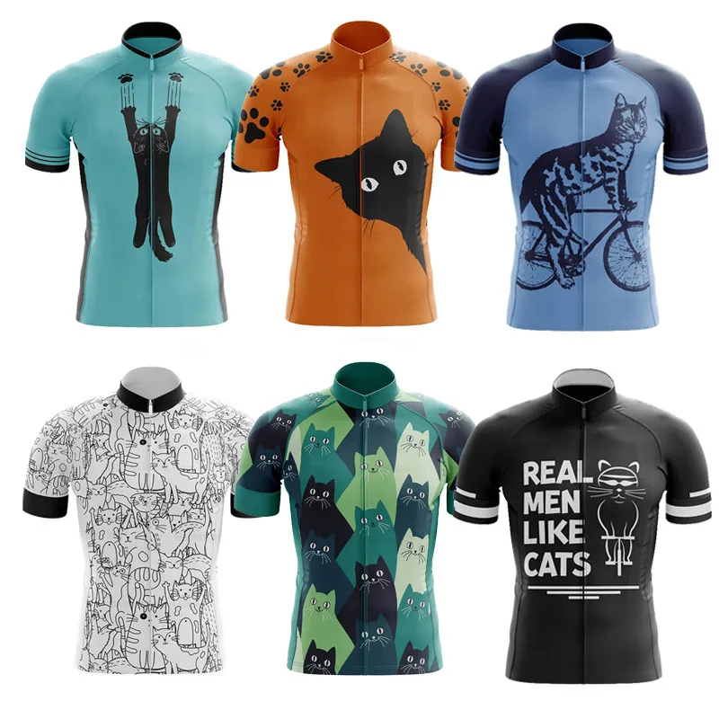 

Men's cycling clothing, short sleeve jersey with funny cartoon cat print, quick-drying breathable sportswear, bicycle uniform