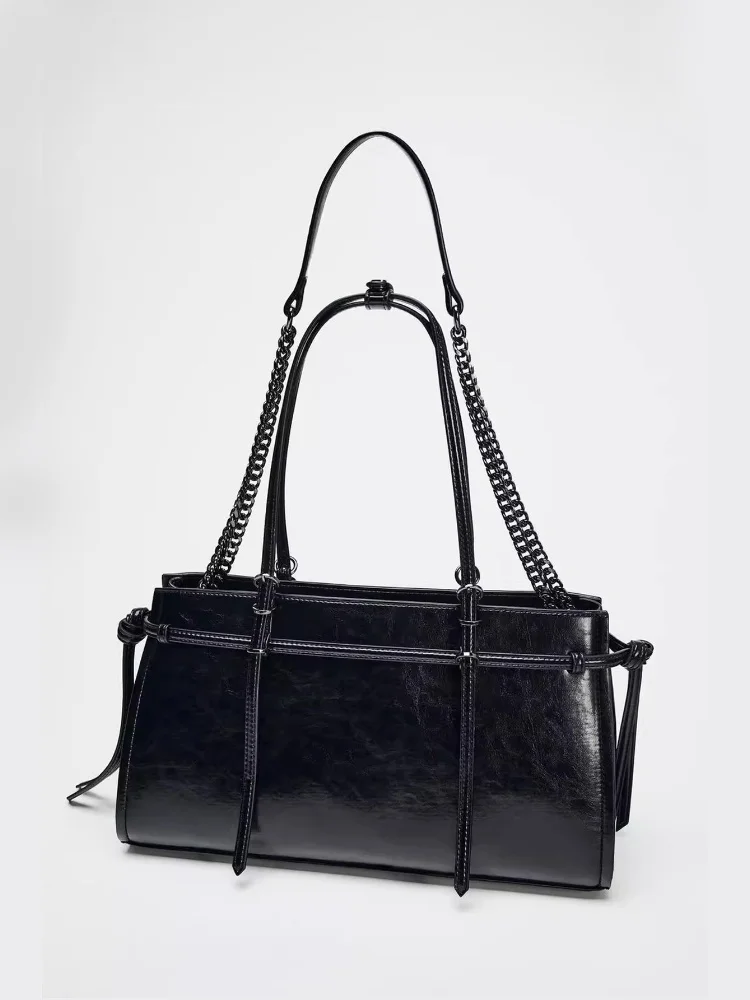

2025 Large Black PU Leather Tote Bag Top Handle Women Handbag Woven Design Shoulder Bags Fashionable And Simple Casual Commuting