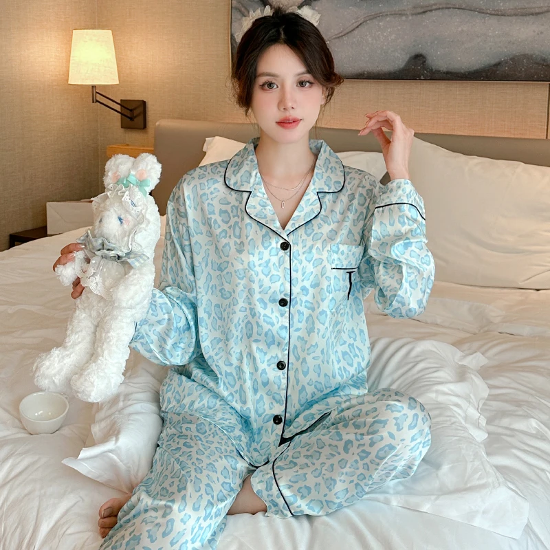 Women\'s Leopard Pajama Set Satin Comfortable Rest Long Sleeve Button Pajama Lounge Pant for Women Sleepwear Home Clothes