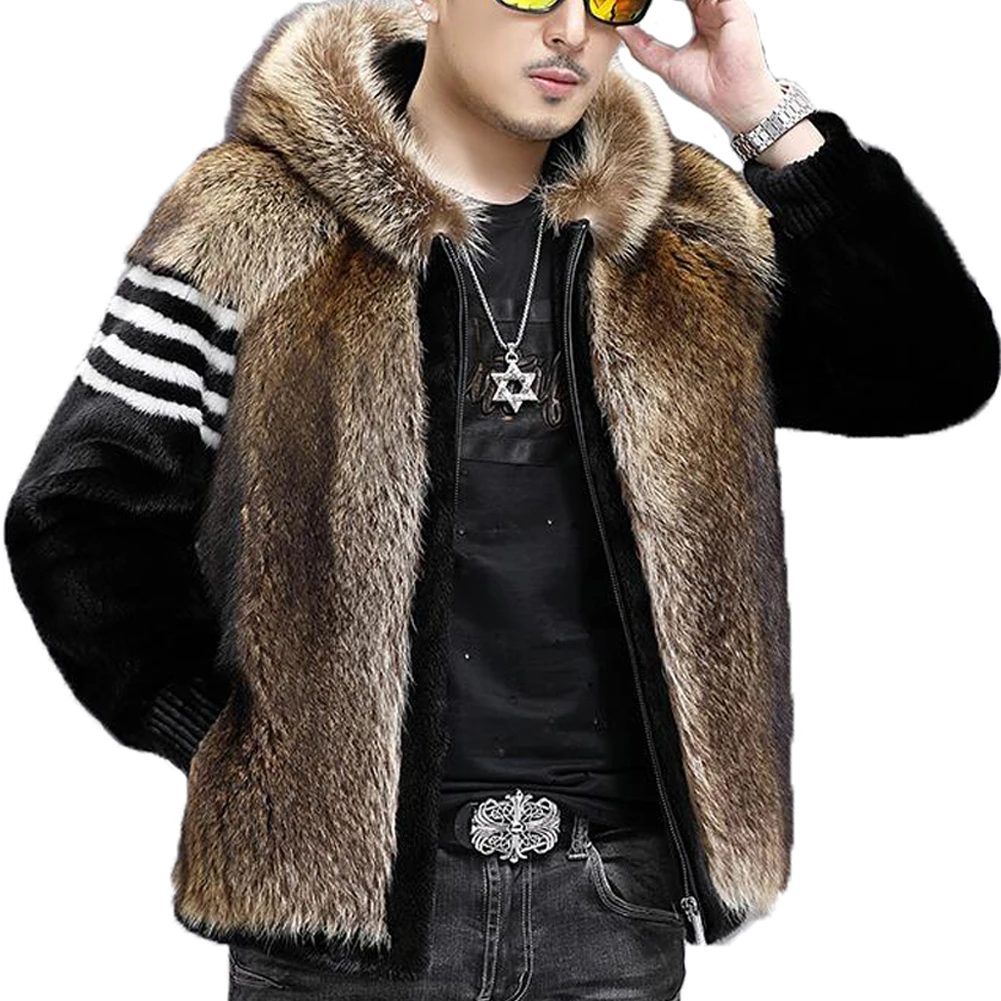 Denny&Dora Men's Raccoon Fur Jacket Mink Fur Coat Short Hooded Fur Coat Brown Coat