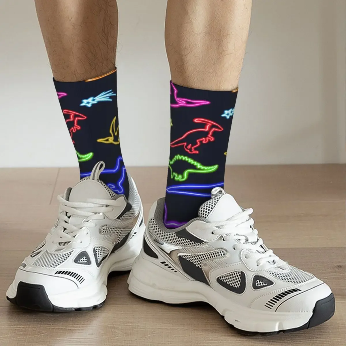 Calcetines de dinosaurios de neón para hombre y mujer, medias antideslizantes para monopatín, transpirables, baloncesto