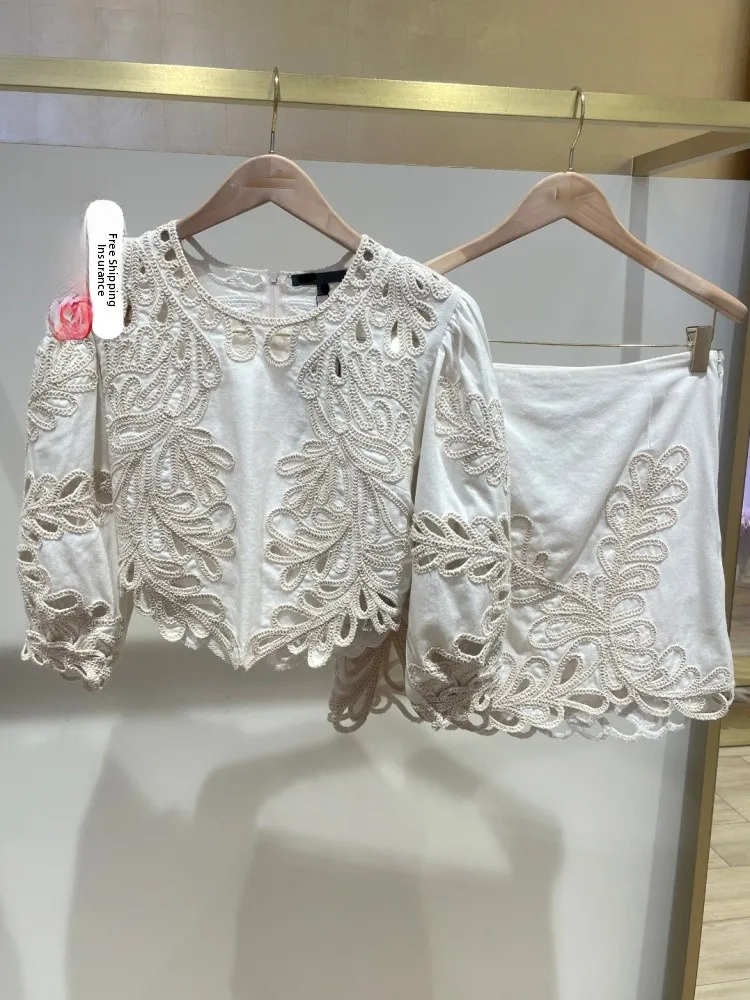 

M Home 2025 Summer Embroidered Hollow out Long Sleeve round Neck Top Skirt Set Women's Fashionable Two-Piece Cotton Suit