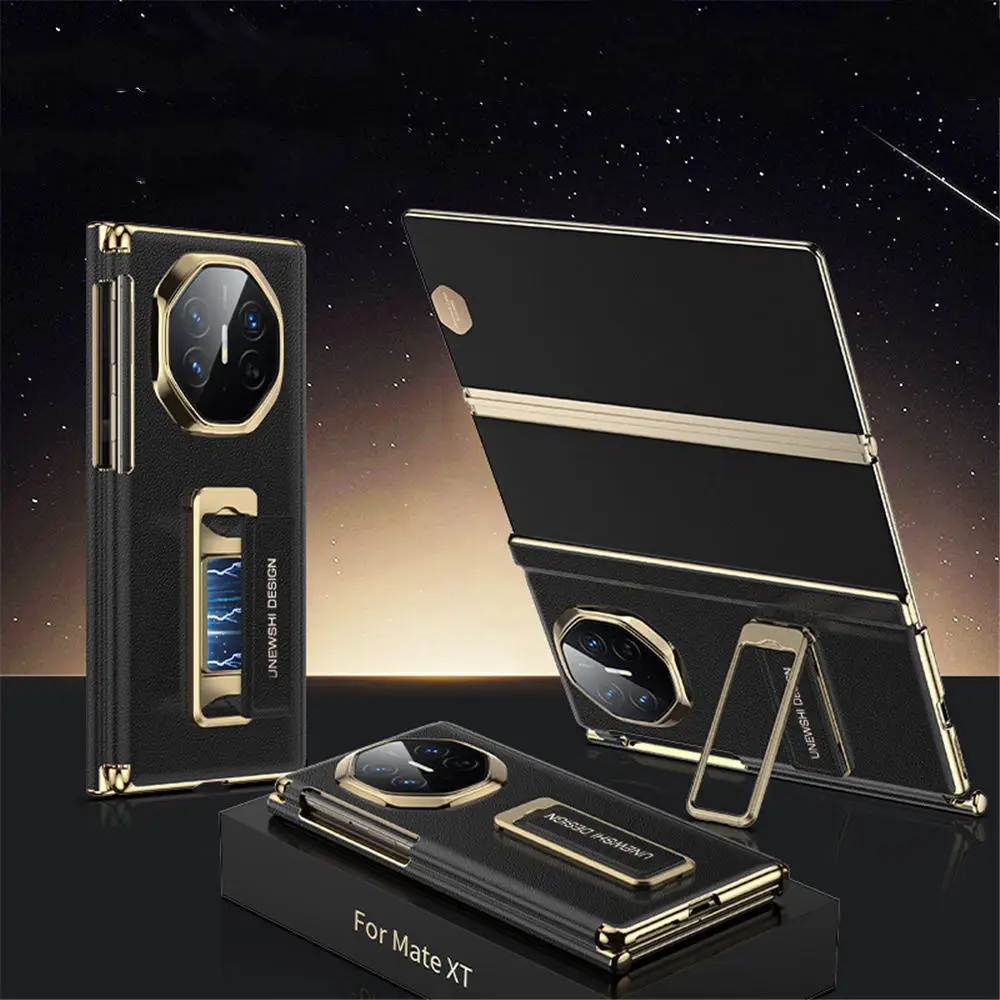 Premium-Klapphülle aus natürlichem Rindsleder mit doppeltem Scharnier für Huawei Mate XT XTs, Armbandhalter-Abdeckung