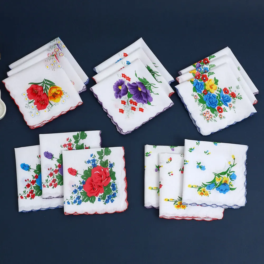 12 Packs of Women's Pure Cotton Handkerchiefs, New Year's Wedding Souvenirs, Flower Handkerchiefs, Flap Pocket Pants Towels, Sweat Towels, Table Mats, Random Matching