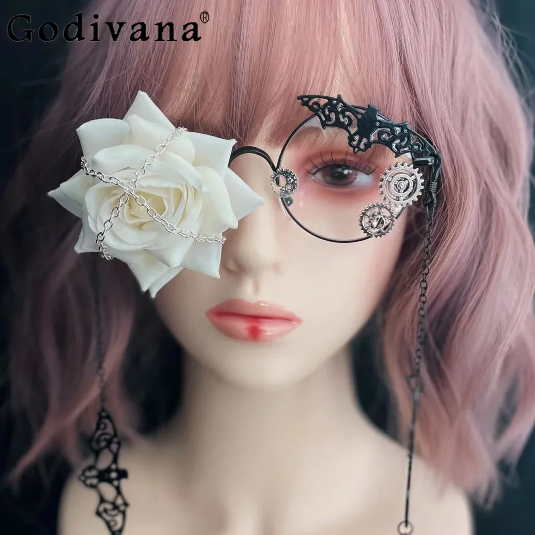 Japanese Girl Kawaii Rose Chain Lolita Eyewear Summer Fashion JK Streetwear Student Cosplay Accessories Men Women Y2k Glasses