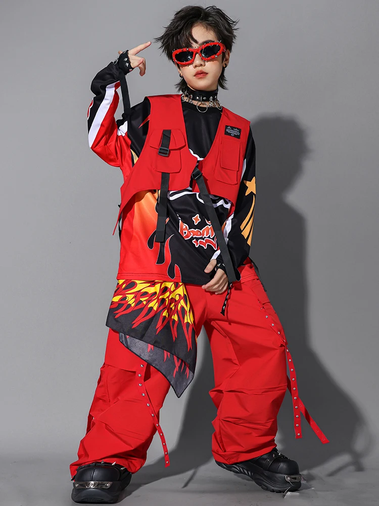 Neue Hip Hop Jungen Coole Langarm-shirt Rote Weste Cargo Hosen Mädchen K-pop Streetwear Kostüm Gruppe Jazz Street Dance kleidung Set