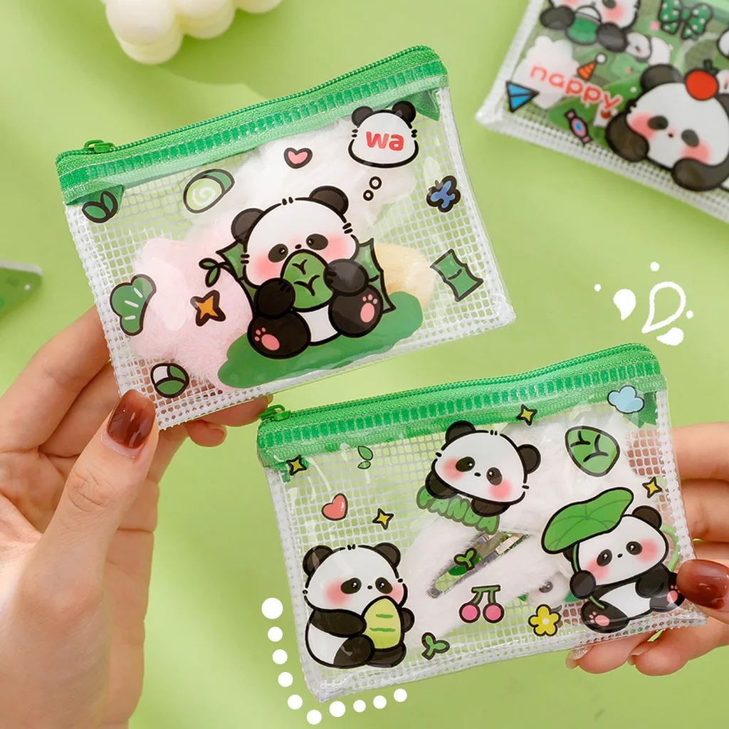 1Pcs Kawaii Panda Pattern Mesh Zipper Pouch Mini Transparent Storage Bag for School Supplies Makeup Accessories Coin Purse