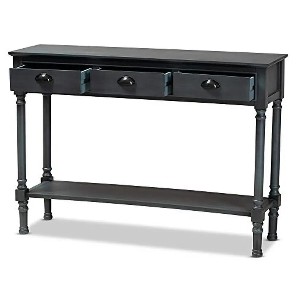 Modern Grey Console Table with Three Drawers and Bottom Shelf Firwood Construction Black Metal Handles Ring Turned Legs 45.3