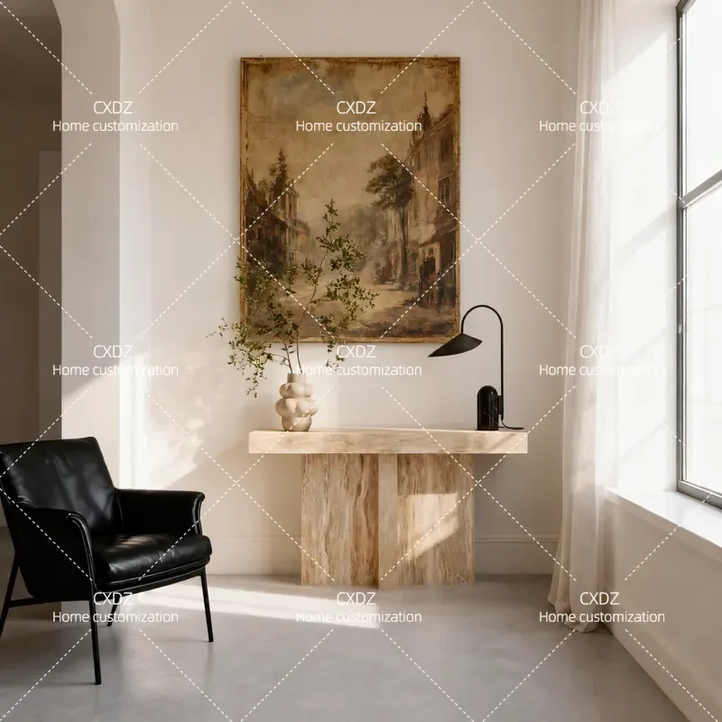 Modern Simple Natural Travertine Entryway Table Wabi Sabi Console Storage Platform for Corridor Aisle Very Narrow Long Case