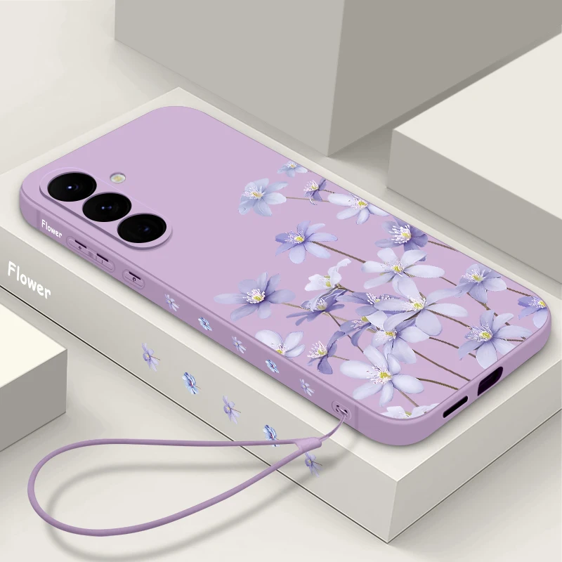 Purple Flower Pattern Lanyard Case For Samsung Galaxy S25 S22 S23 Ultra S23 S24 FE A55 A56 A53 A54 A35 A26 A15 A16 Soft Cover