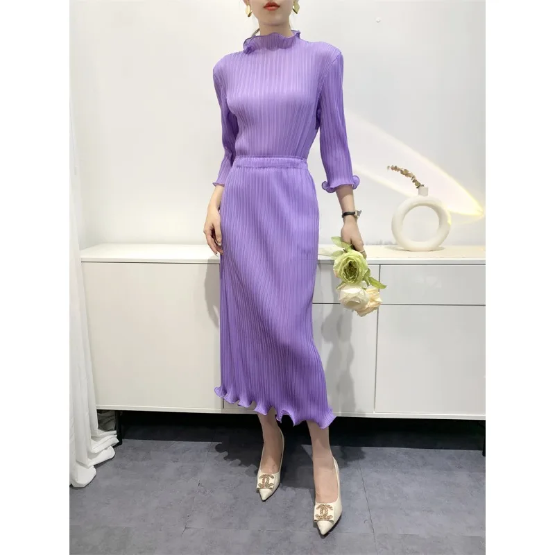 

GGHK Sets for Women 2 Pieces Solid Color Ruffle Sleeve Chic Top + Korean High Waist Vintage Half Skirt New in Matching Suit